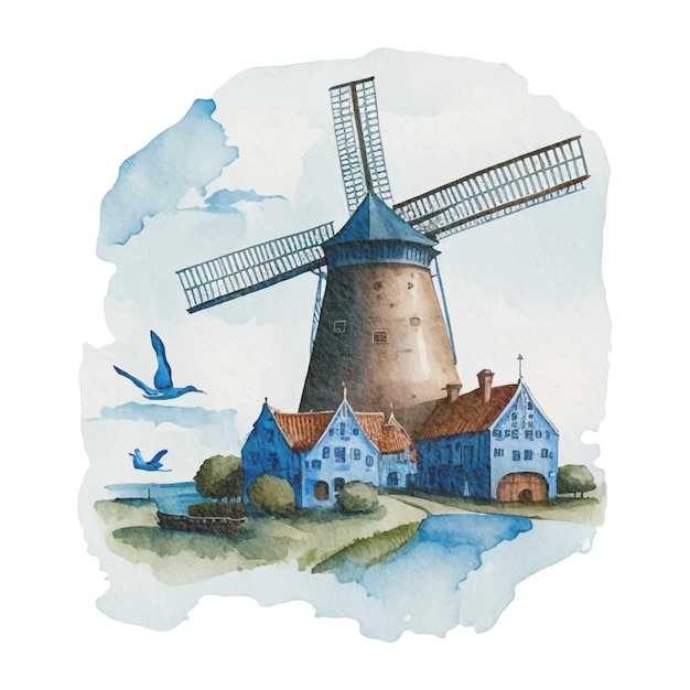Акварельная живопись ветряной мельницы и голубого неба голландский пейзаж