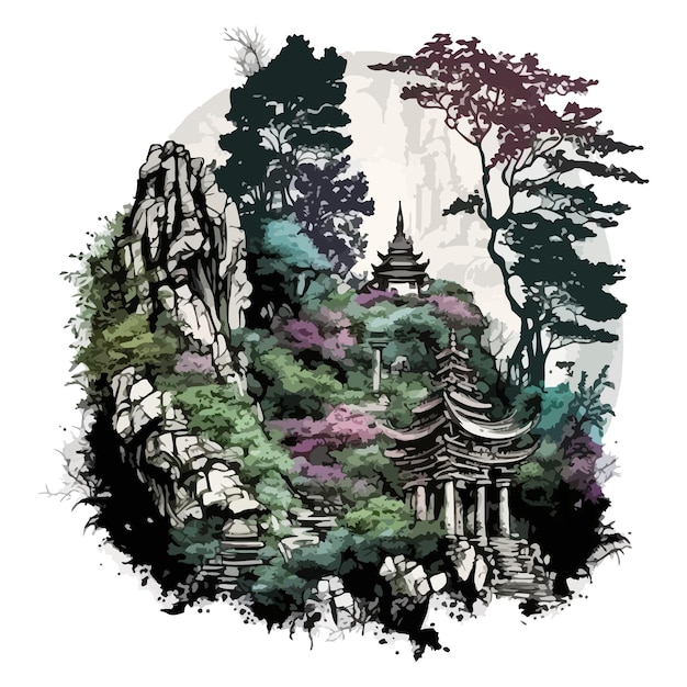 Vector watercolor painting of an old temple on a cliff