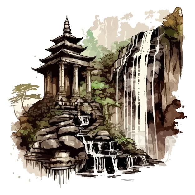 Vector watercolor painting of an old temple on a waterfall cliff