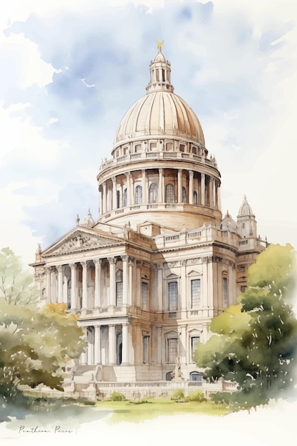 Watercolor painting of the Pantheon in Paris