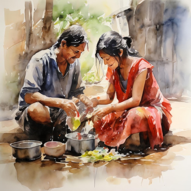 Vector watercolor painting of people in the kitchen watercolor painting of people in the kitchen