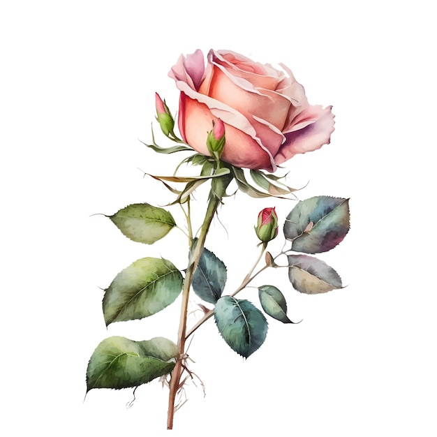 A watercolor painting of a pink rose with green leaves