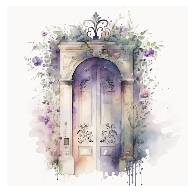 A watercolor painting of a purple door with a floral design