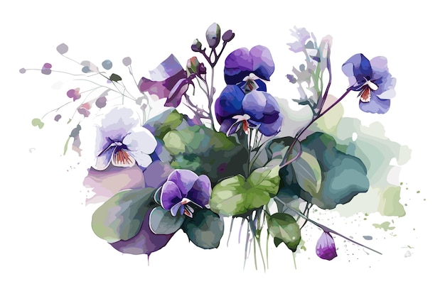 Un dipinto ad acquerello di fiori viola con foglie verdi.