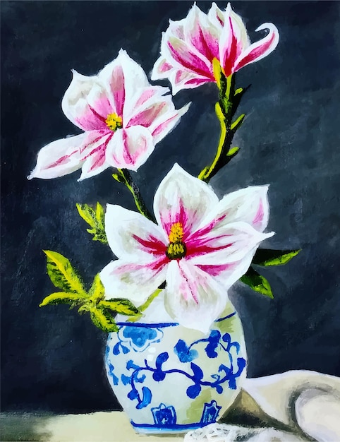 Watercolor painting red pink color of flower in the blue white vase illustration