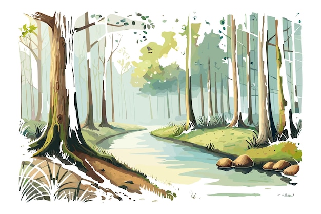 A watercolor painting of a river in a forest for book covers and print media