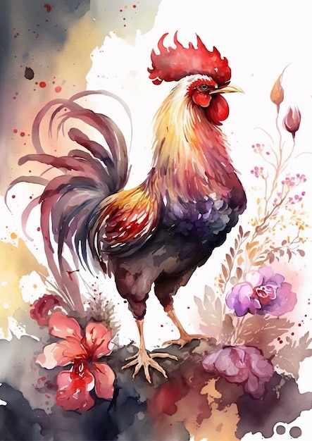A watercolor painting of a rooster with flowers and a red tail.