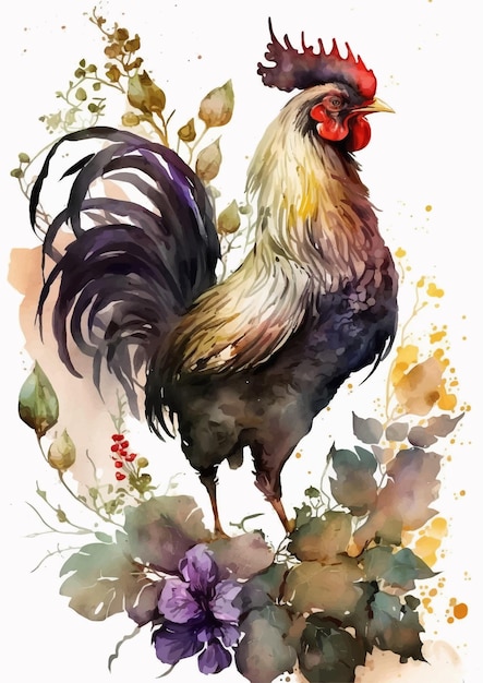 Vector a watercolor painting of a rooster with a red tail.