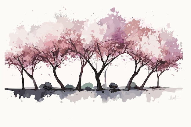 A watercolor painting of a row of pink cherry trees.