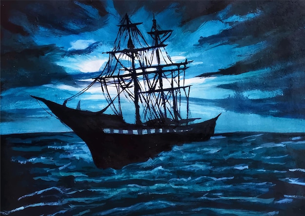 Watercolor painting of a sailing boat in the deep sea illustration