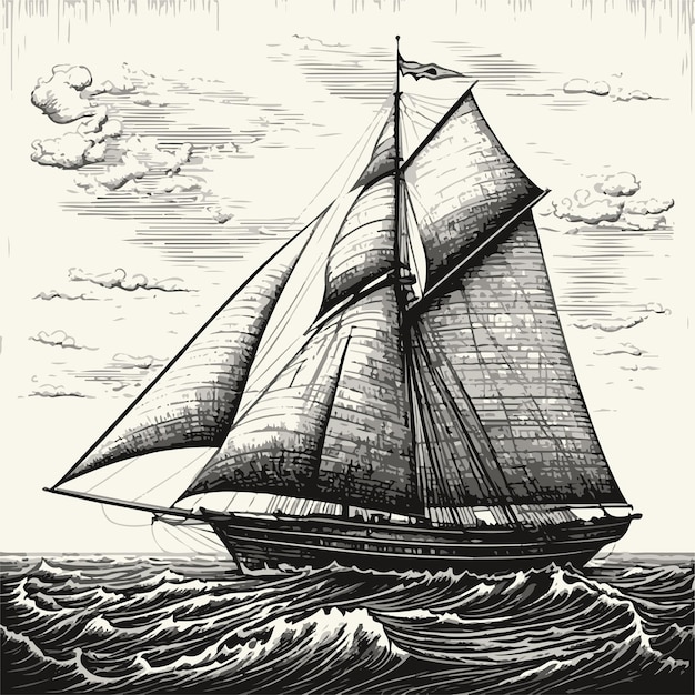 海の真ん中にある帆船の水彩画