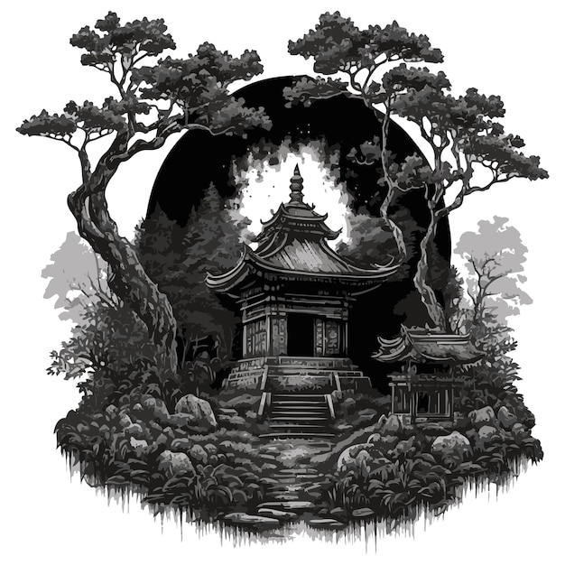 Vector watercolor painting of small temple in forest