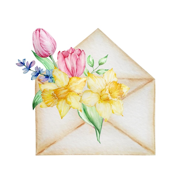 Watercolor painting spring flowers, beige envelope with tulips, daffodils. flower arrangement for greeting card, invitation, poster, wedding decoration and other images.