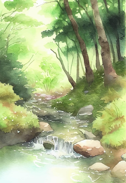 A watercolor painting of a stream in the woods.