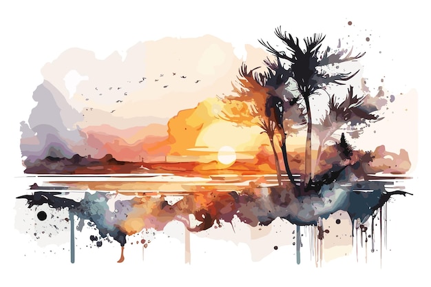 A watercolor painting of a sunset with a tree silhouette.