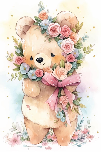 A watercolor painting of a teddy bear wearing a wreath of roses.