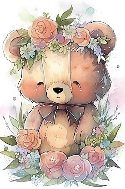 A watercolor painting of a teddy bear with flowers