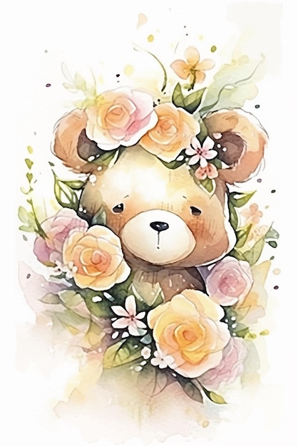 A watercolor painting of a teddy bear with flowers.