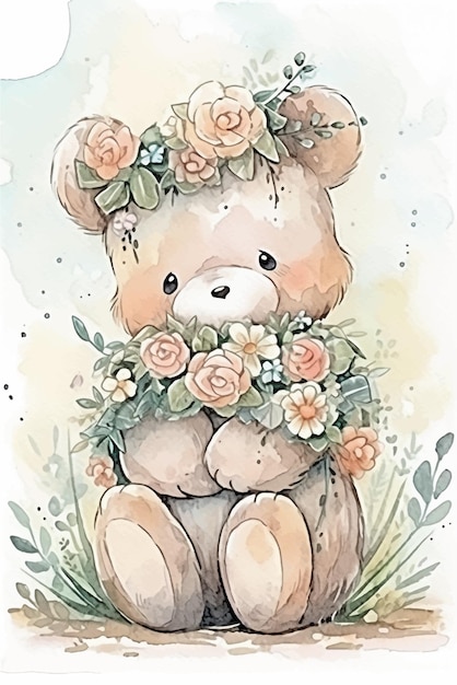 A watercolor painting of a teddy bear with a wreath of roses.