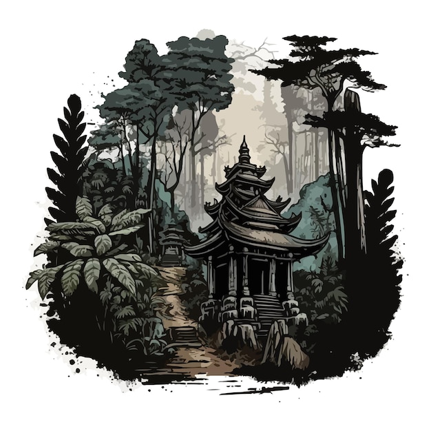 Vector watercolor painting of temple in forest