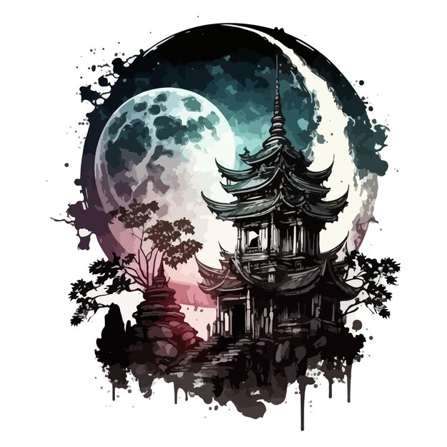 Watercolor painting of temple on full moon