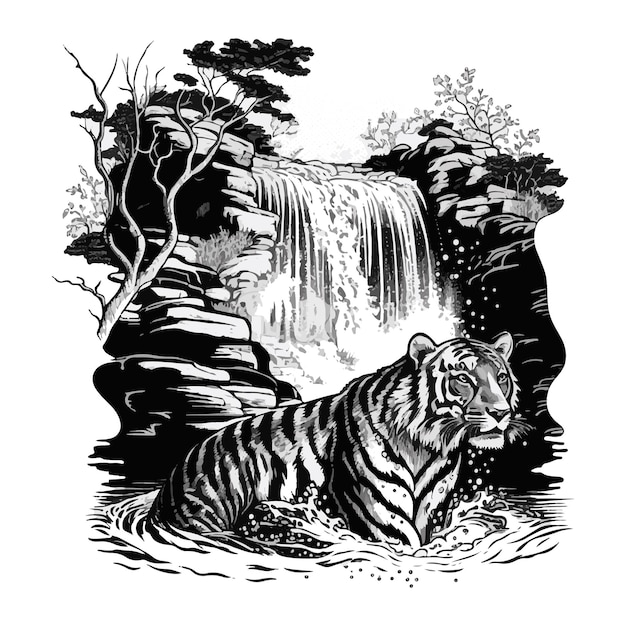 Vector watercolor painting of a tiger swimming in a waterfall