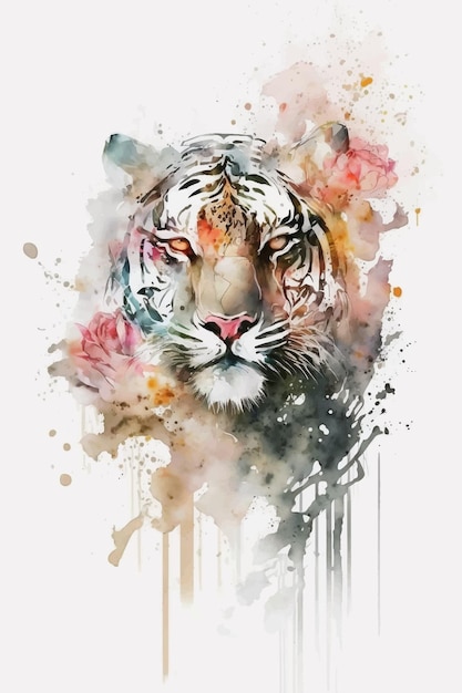 A watercolor painting of a tiger with a pink eye.