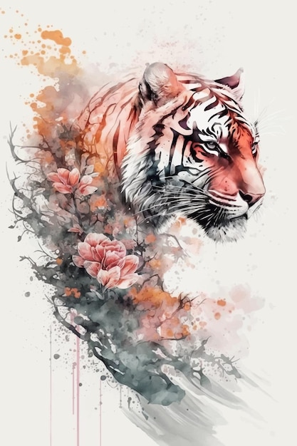 Vettore un dipinto ad acquerello di una tigre con un ramo di un albero e fiori.