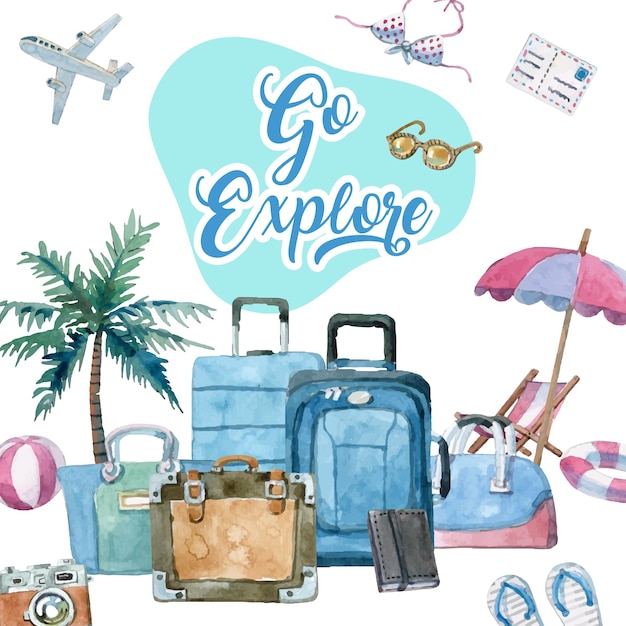 Акварельные элементы для путешествий с надписью «багаж» внизу «go explore» посередине