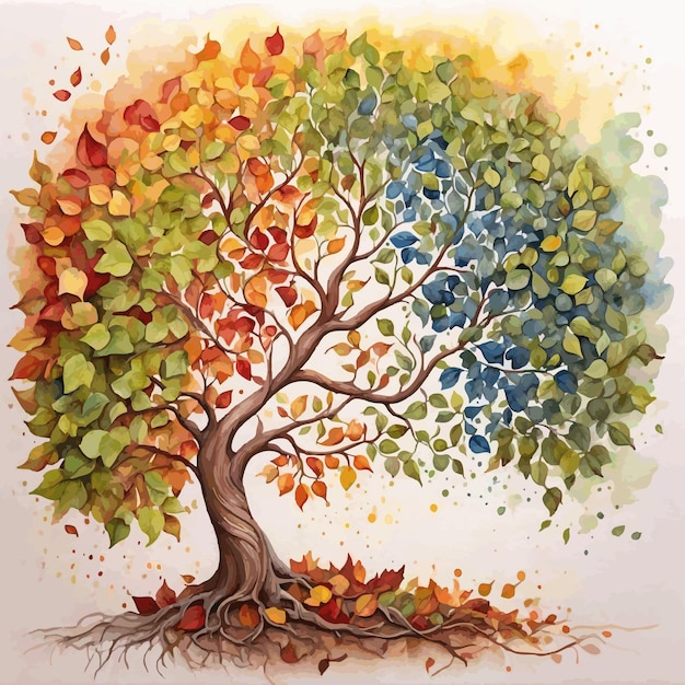 watercolor painting tree of life with changing seasons leaves