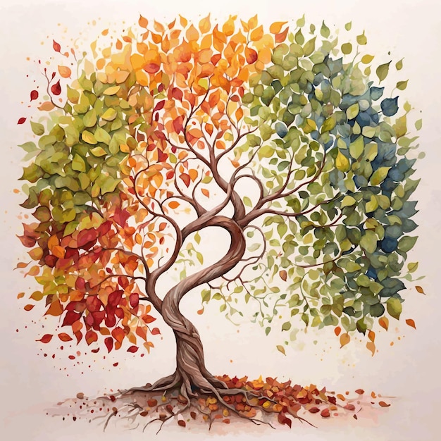 watercolor painting tree of life with changing seasons leaves