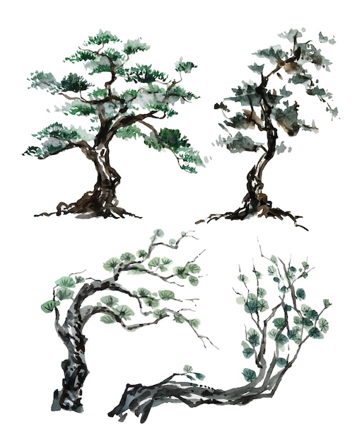 Vector watercolor painting trees chinese brush style