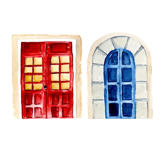 Vector a watercolor painting of two red and blue doors.