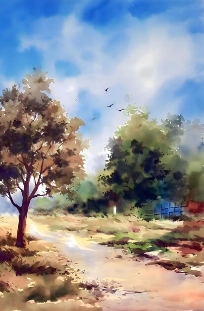 Watercolor painting village road with tree illustration