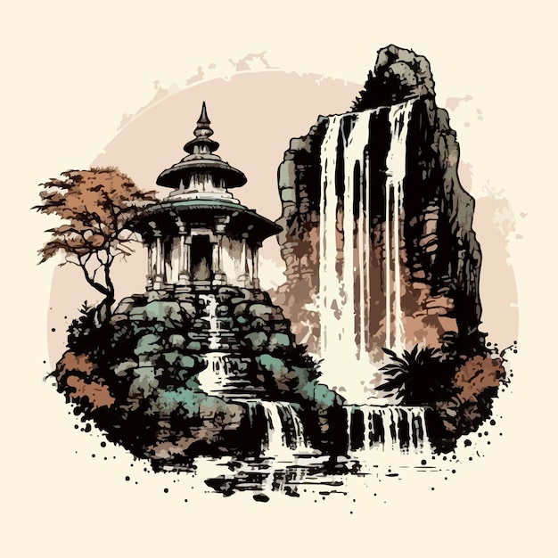 Vector watercolor painting of waterfall and temple on hill