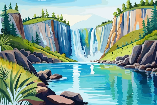 Vector a watercolor painting of a waterfall with a green hill in the background