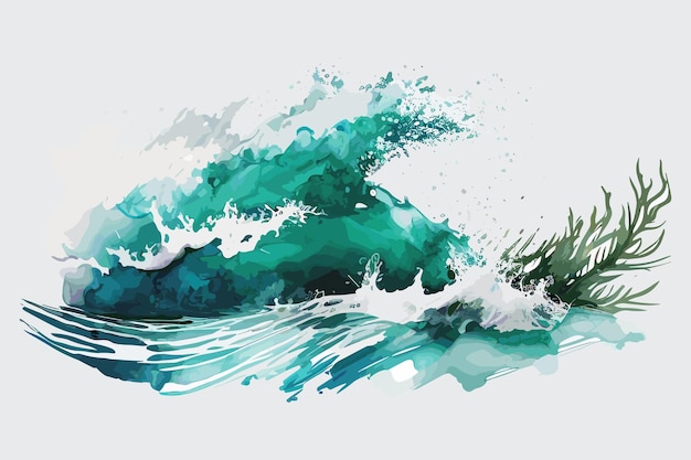 A watercolor painting of a wave with green waves and the word ocean on it.