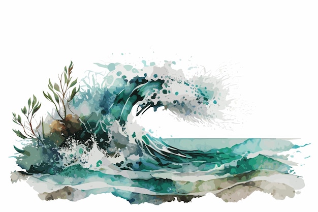A watercolor painting of a wave with a tree in the middle.