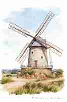 Vector watercolor painting of the windmills of la mancha in spain