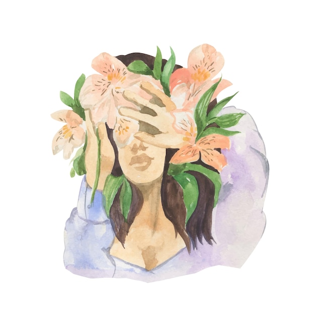 A watercolor painting of a woman with flowers on her face.