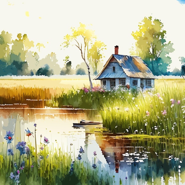 Watercolor painting of a wooden house on the shore grass and a swamp