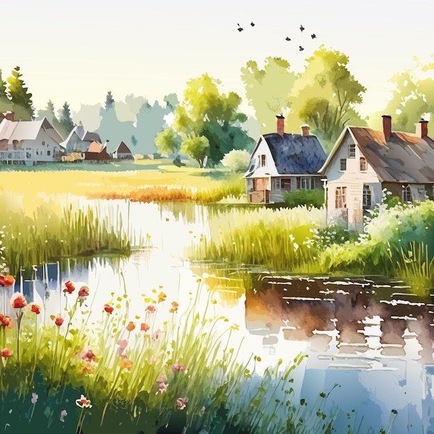 Watercolor painting of a wooden house on the shore grass and a swamp