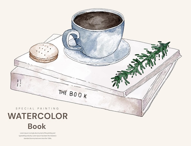 Vector watercolor painting world book day illustration with a stack of books coffee cup and cracker