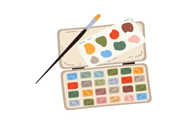 Vector watercolor paints box and drawing brush watercolour palette and paintbrush