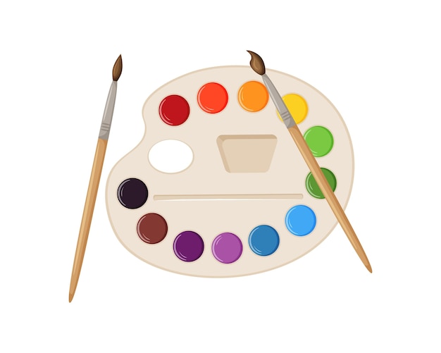 Vector watercolor paints and brushes colored paints for drawing colorful school paints and brushes in a box