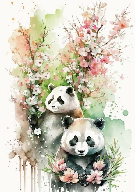 Vector watercolor panda with bamboo desig