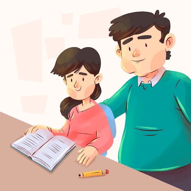 숙제 삽화로 아이들을 돕는 수채색 부모