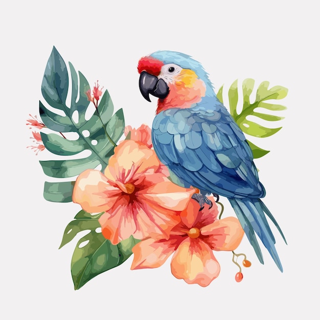 watercolor parrots and flowers bird animal on white background