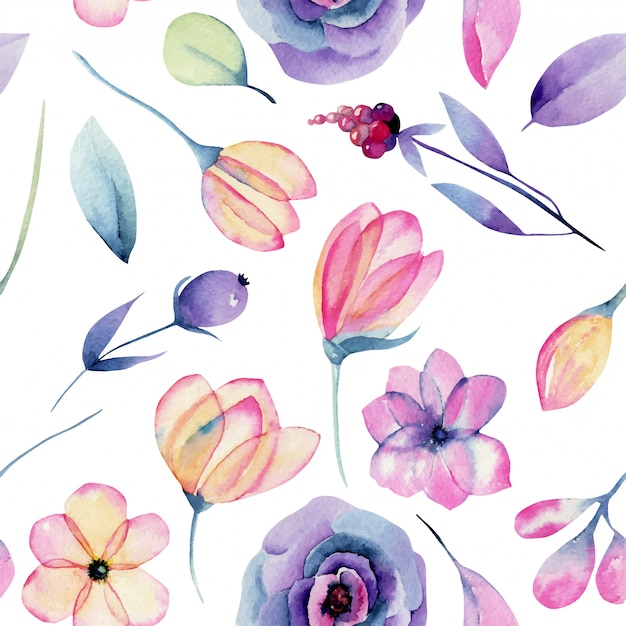 Watercolor pastel apple blossom flowers and plants seamless pattern, hand painted