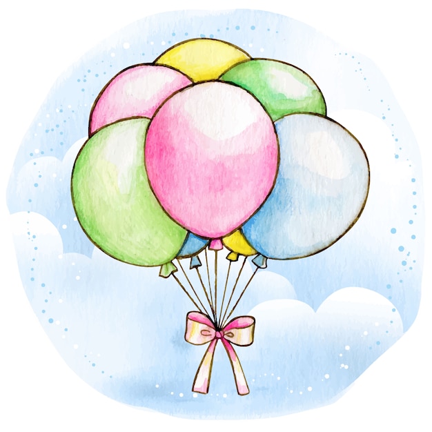 Watercolor pastel colorful balloons with bow